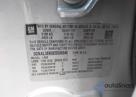 2014 Chevrolet Captiva Sport Lt z USA, uszkodzony, nr VIN 3GNAL3EK9ES598846